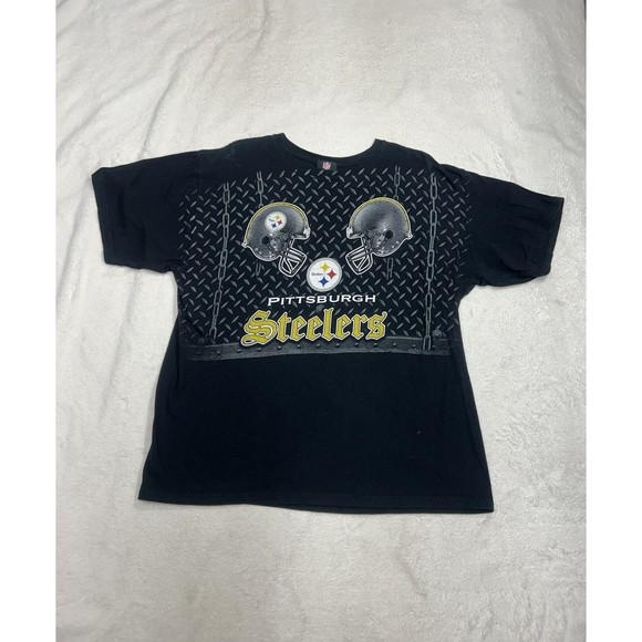 Y2K Pittsburgh Steelers Steel Curtain Helmet Black Graphic T-Shirt Size Large - Picture 1 of 6